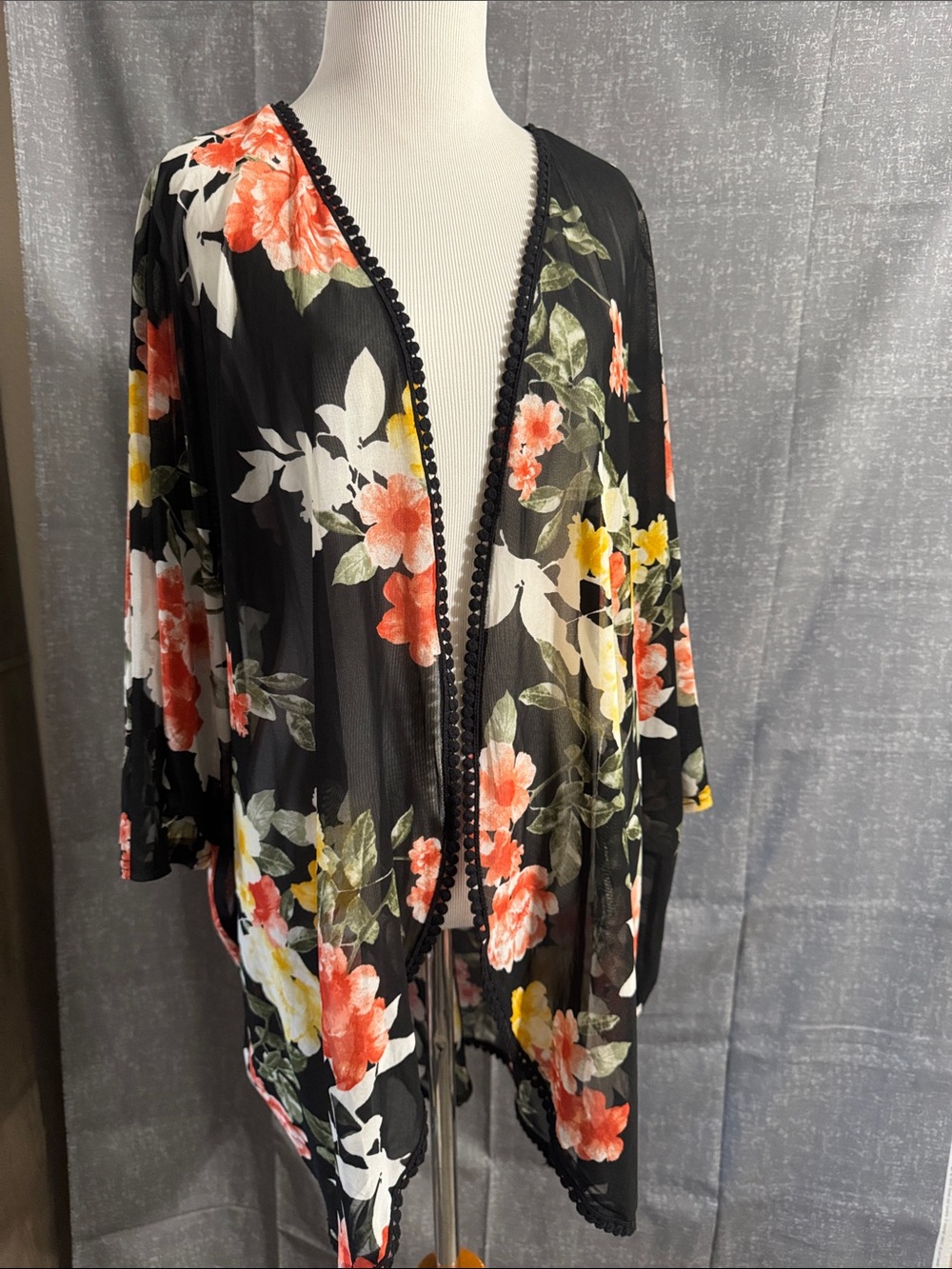Siren Lily Black Floral Sheer Kimono with Coral and Yellow Blooms